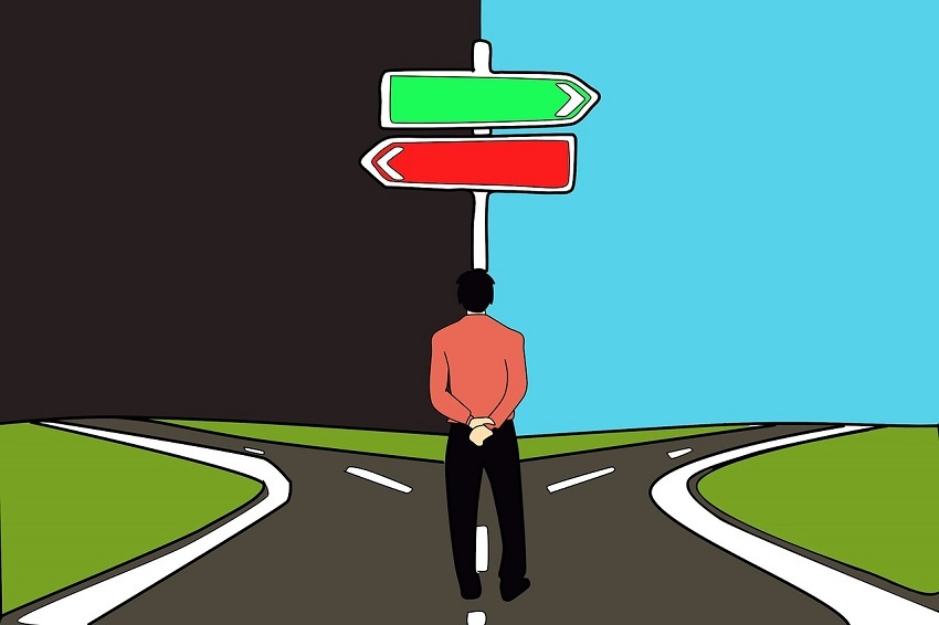 Animated man at fork in road deciding between right and wrong choice of paths