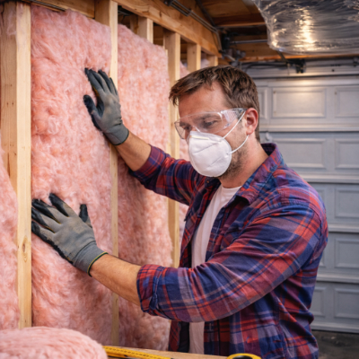 Contractor installing insulation in a garage wall