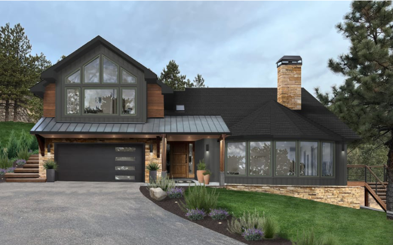 Scandinavian-inspired facade with black garage door
