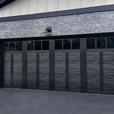 Home exterior with dark window frames and hardware