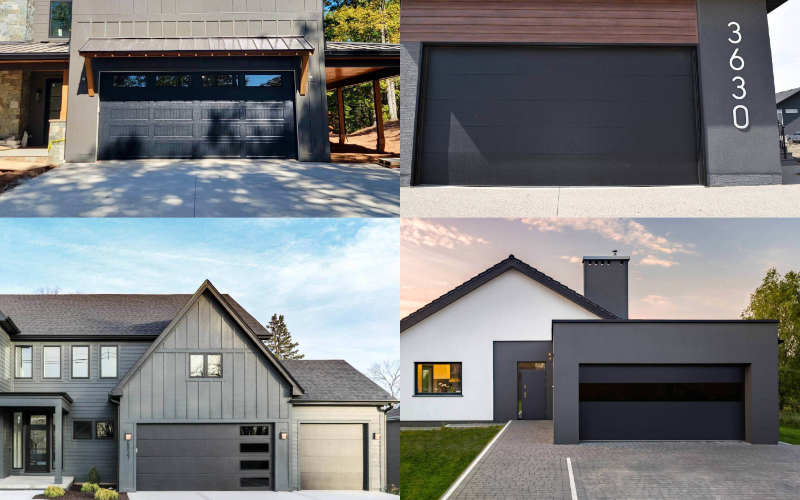 Modern home with black garage doors