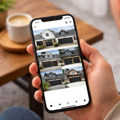 Social media post featuring a black garage door