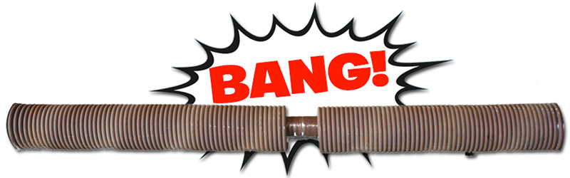 Broken garage door spring and adjacent speech bubble with 'BANG!' in red font