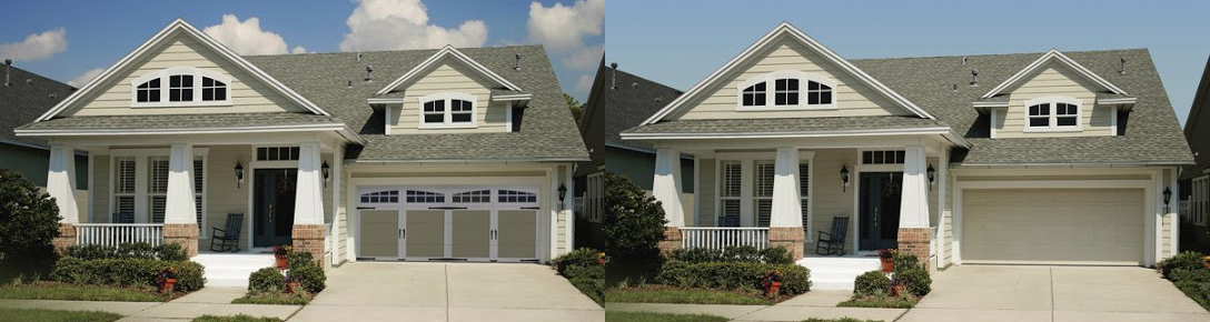 Adjacent photos of homes with windows facing driveway