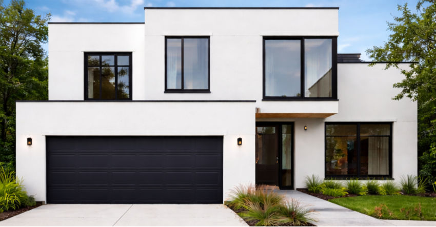 White house with black contrasting garage door