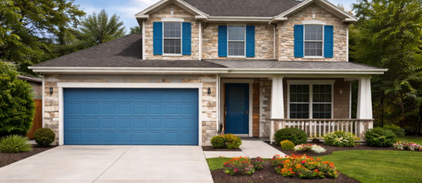 Neutral-toned home with colorful contrasting garage door