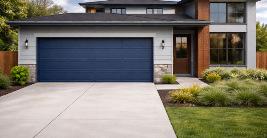 Postmodern home with blocky, contrasting garage color