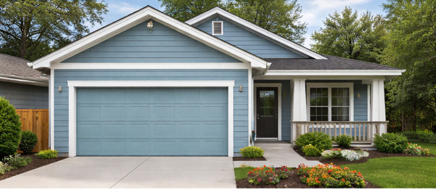 Small home with matching garage door color