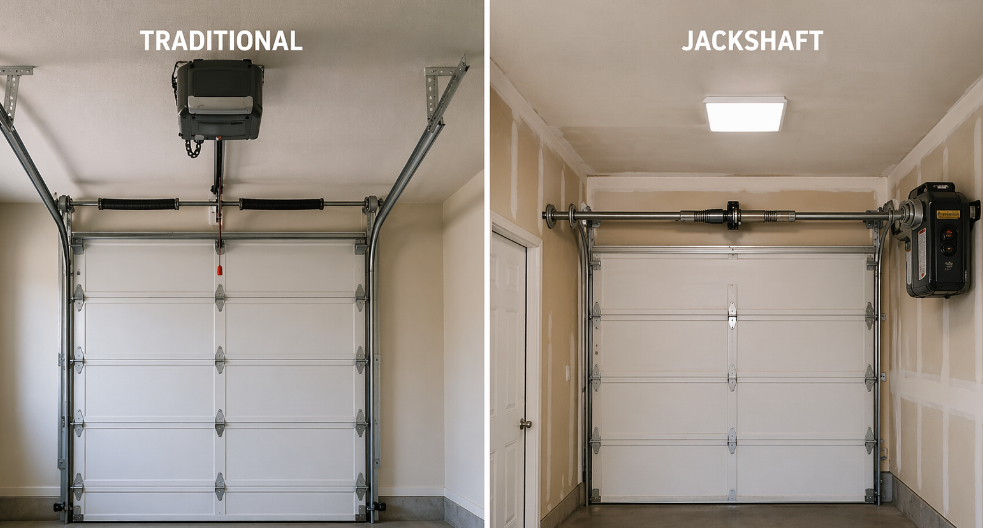 Diagram comparing overhead trolley and jackshaft opener layouts