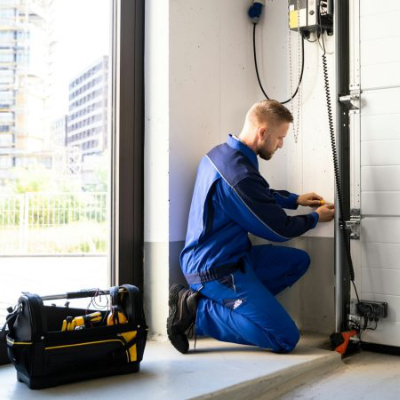 Technician evaluating garage door opener options