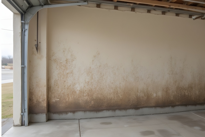 Garage with moldy sheetrock wall and open garage door