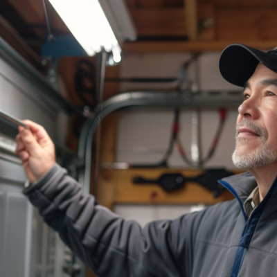 Homeowner visually inspecting a closed garage door