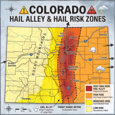 Illustration of Colorado hail alley and risk zones