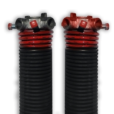 Two black and red coiled overhead door torsion springs