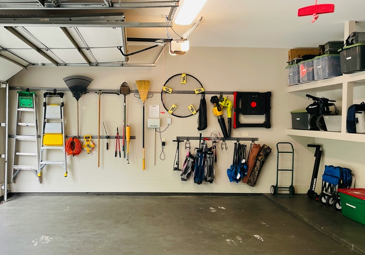 Residential garage with open overhead door