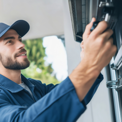 Technician inspecting garage door hardware