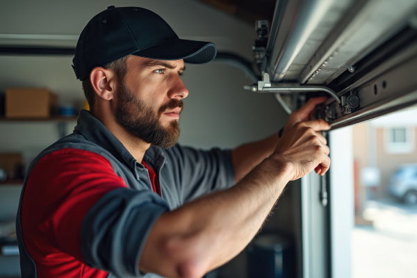 Garage door technician inspecting opener and springs