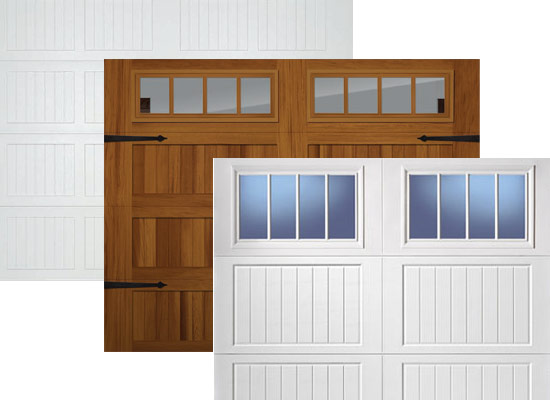 Three example images of custom two-car garage door models in overlapping diagonal formation