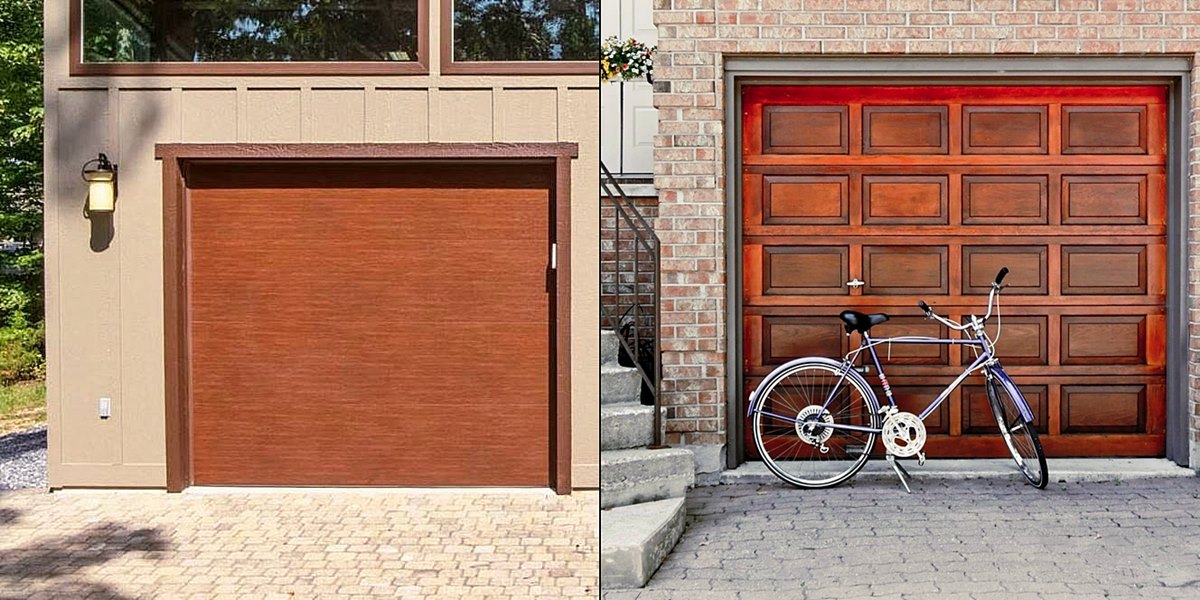Adjacent photos of a prefabricated garage and a brick-built garage with wood grain garage doors