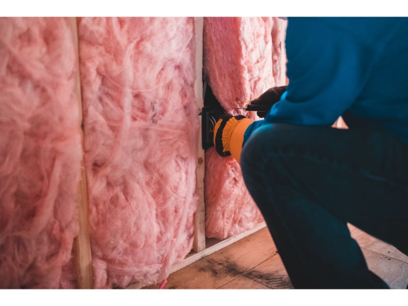 Service technician reaching gloved hand into exposed pink insulation inside wall of garage under construction.