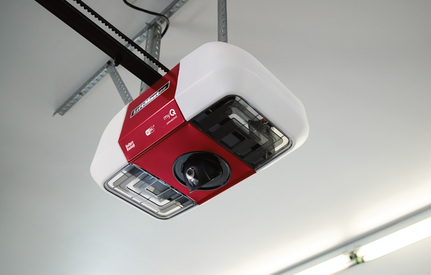 Red Liftmaster MyQ Smart overhead door opener model in garage of residential home