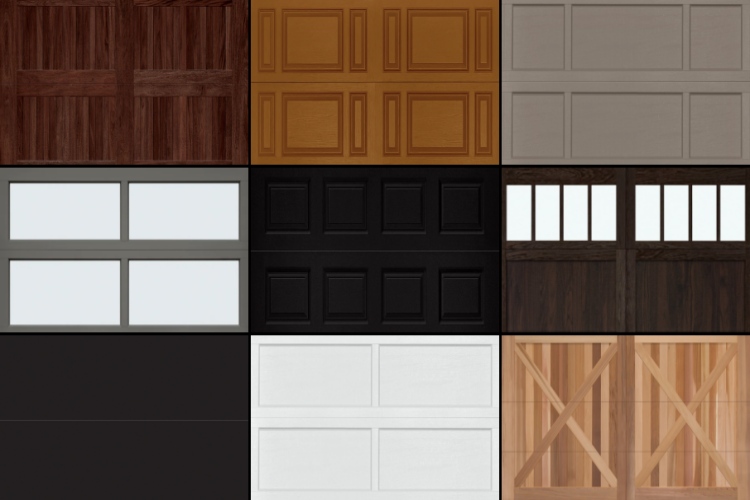 Nine garage door panel styles in assorted colors pictured in grid formation