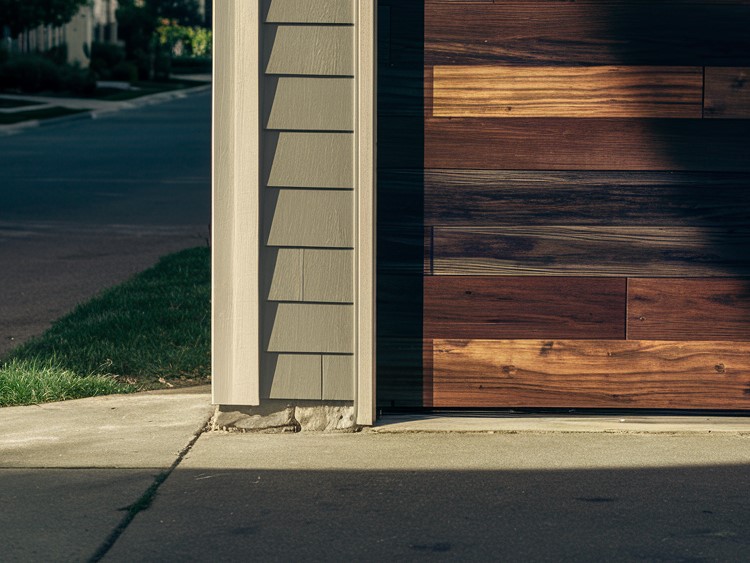 Closed wood grain garage door with visible gap below