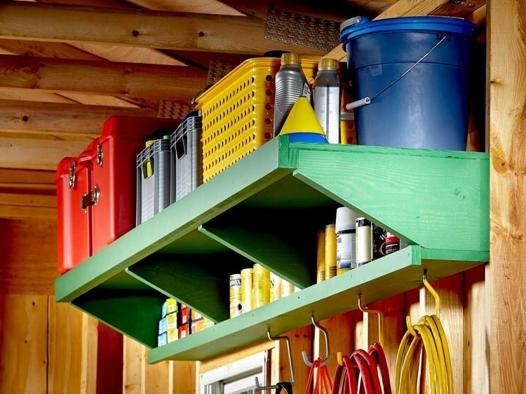 Items stored on wall shelves in residential garage