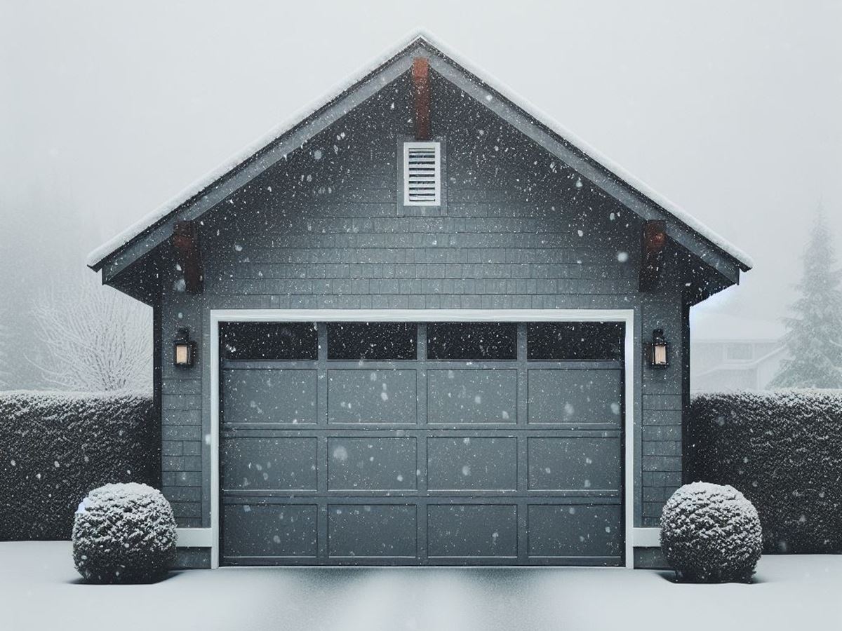 Snow falling outside gray two-car garage